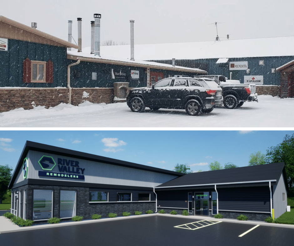 Photo shows current American Home & Patio facility on top and a rendering of the new River Valley Remodelers