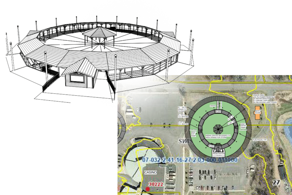 rendering of new St. Croix Danbury powwow arena and map showing its location relative to the casino