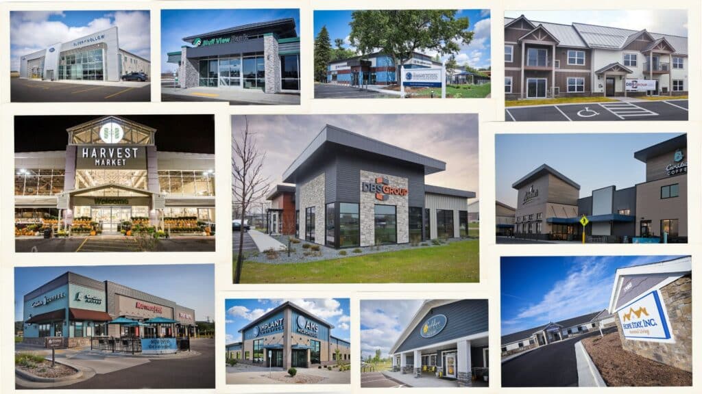 Collage of new buildings across all sectors demonstrate commercial construction trends in 2025.