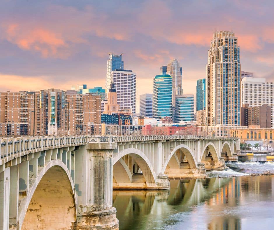 view of downtown Minneapolis -- one of the country's top rental markets -- at sunset