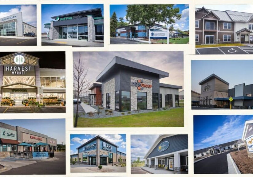 Collage of new buildings across all sectors demonstrate commercial construction trends in 2025.