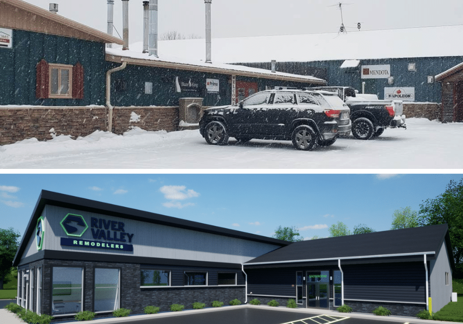 Photo shows current American Home & Patio facility on top and a rendering of the new River Valley Remodelers