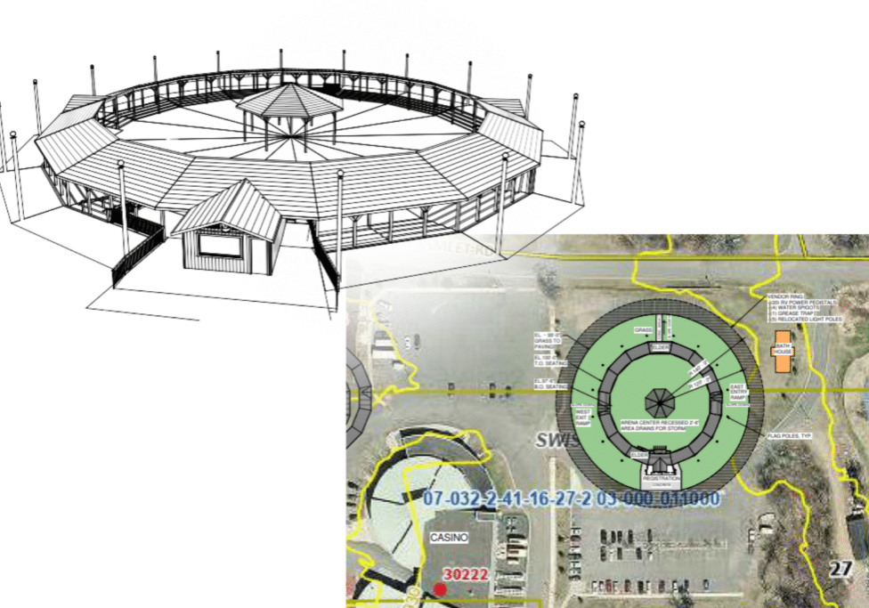 rendering of new St. Croix Danbury powwow arena and map showing its location relative to the casino